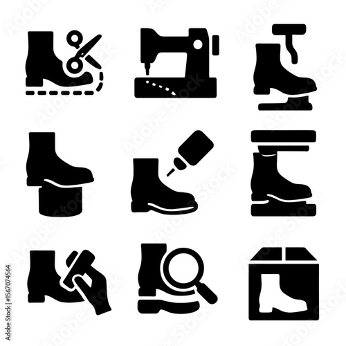 Boot Factory Icons. Solid, Filled icon set of boot factory processes: cutting, stitching, lasting, molding, gluing, outsole