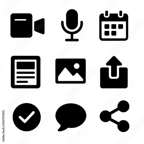 Content Creation Icons. Solid, filled icon set of content creation tools: video camera, audio mic, content calendar, blog post