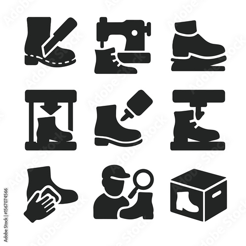 Boot Factory Icons. Solid, Filled icon set of boot factory processes: cutting, stitching, lasting, molding, gluing, outsole
