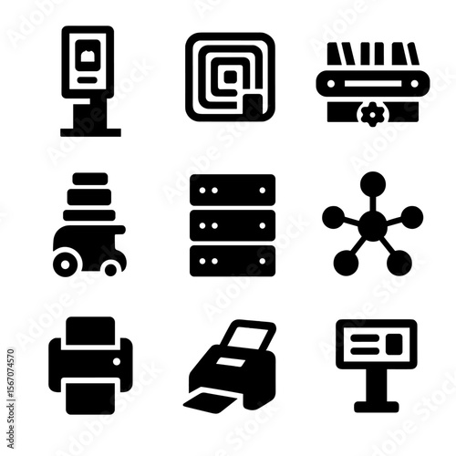 Library Tech Icons. Solid, filled icons set of library technology and automation: self-checkout kiosk, RFID