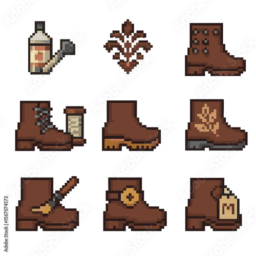 Boot Customization Icons. Pixel art icon set of boot customization options: color dye, embroidery motif, stud pattern, lace