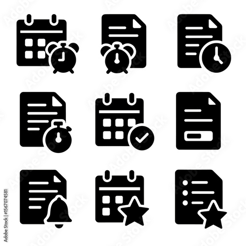 Time Management Icons. Solid, filled icons set of time management with documents: calendar, alarm clock,