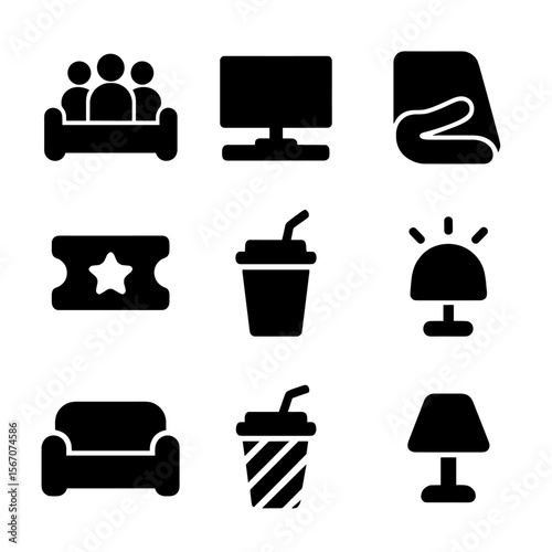 Cozy Movie Night Icons. Solid, filled icon set of Family watching movie: sofa, television blanket, movie ticket, soda cup, dimmed