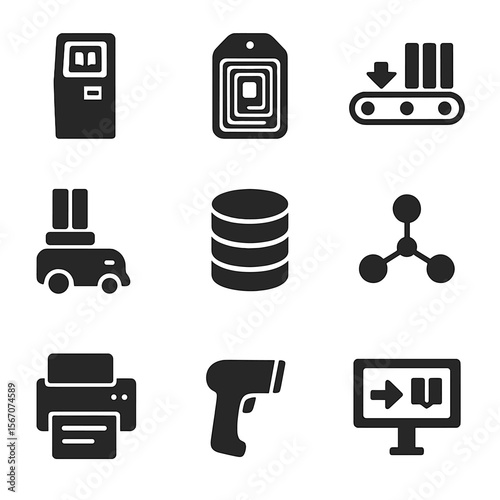 Library Tech Icons. Solid, filled icons set of library technology and automation: self-checkout kiosk, RFID