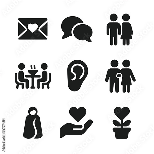 Relationship Icons Grid. Solid, filled icon set of relationships and well-being: love letter, conversation bubble, couple icon,