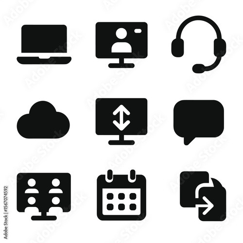 Remote Collaboration Icons. Solid, filled icon set of remote collaboration: laptop, video call, headset, cloud, shared screen,