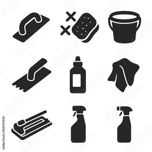 Tile Grouting Tools. Solid, filled icons set of tile grout line: grout float, tile spacers, grout sponge,