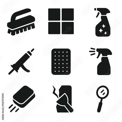 Tile Maintenance Icons. Solid, filled icons set of wall tile maintenance: grout brush, wall tile icon, mildew