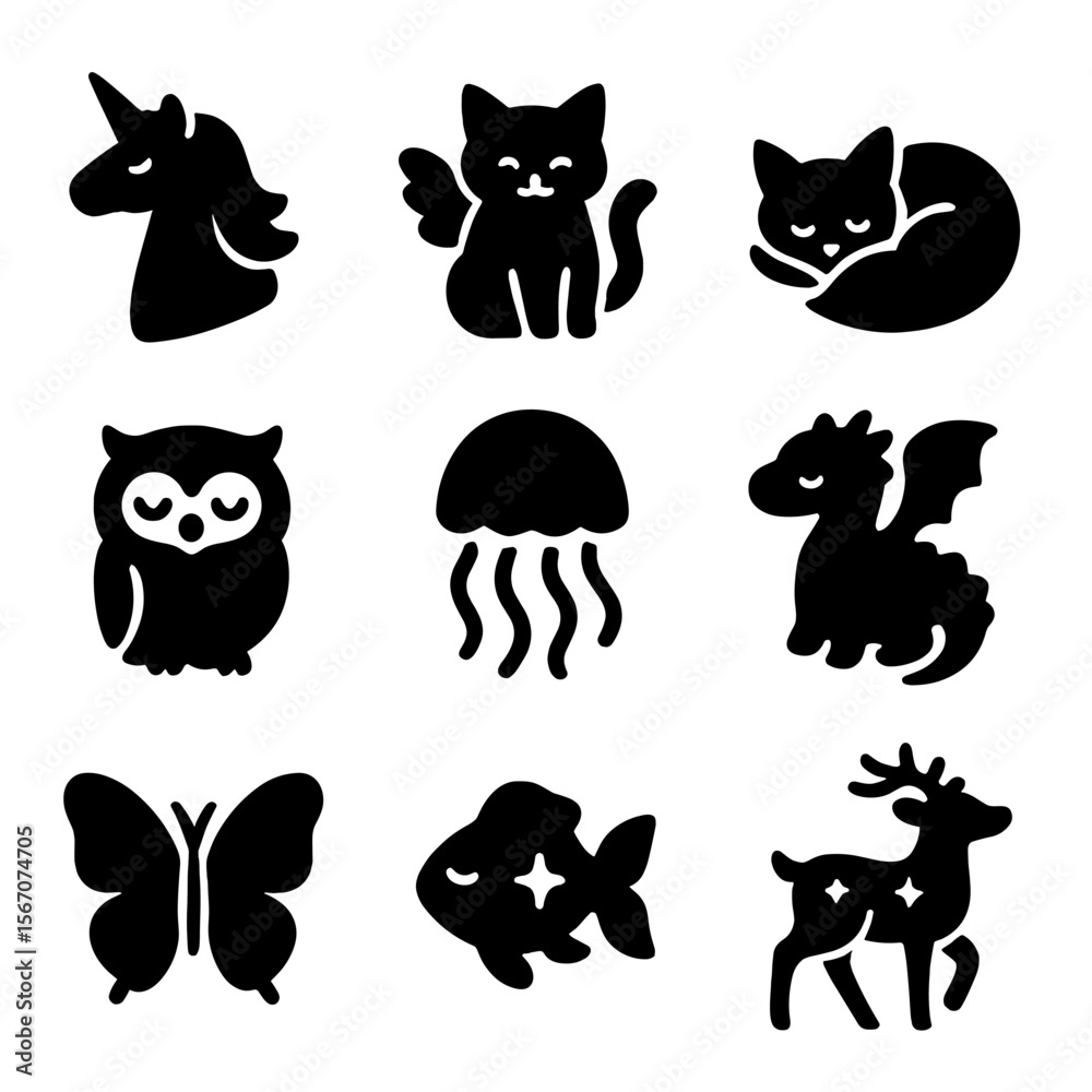 Obraz premium Dreamy Creatures Icons. Solid, filled icon set of dreamy creatures: unicorn, winged cat, dream fox, sleeping owl, floating