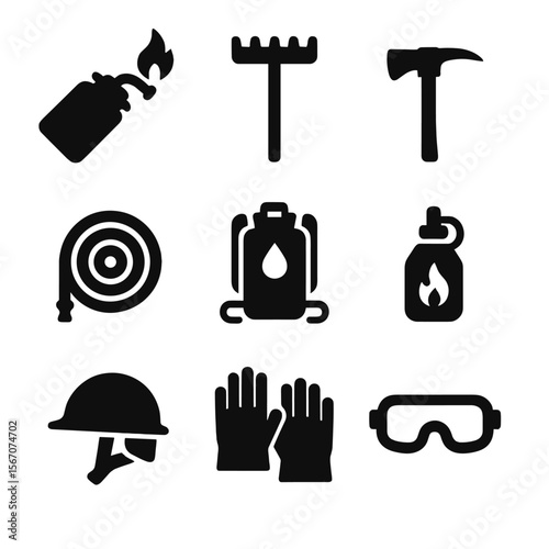 Controlled Burn Equipment Icons. Solid, filled icon set of controlled burn equipment: drip torch, fire rake, Pulaski tool, fire