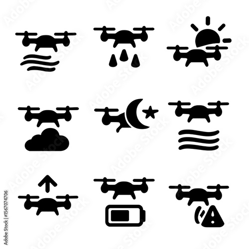 Drone Conditions Icons. Solid, filled icon set of drone flight conditions: windy, rain, sunny, cloudy, night flight, foggy, high