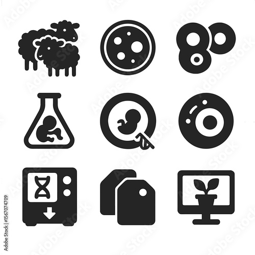 Cloning Icon Set. Solid, filled icons set of cloning and replication: cloned sheep, petri icon, duplicated