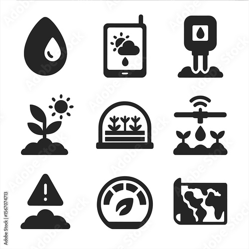 Climate-Smart Agriculture Icons. Solid, filled icons set of climate-smart agriculture: drought-resistant seed,