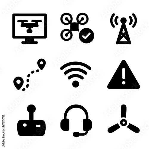 Drone Monitoring Icons. Solid, filled icon set of drone flight monitoring: control monitor, drone status, communication tower,