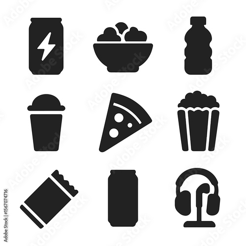 Gaming Refreshments Icons. Solid, filled icon set of gaming refreshments: energy drink, snack bowl, water bottle, coffee cup,