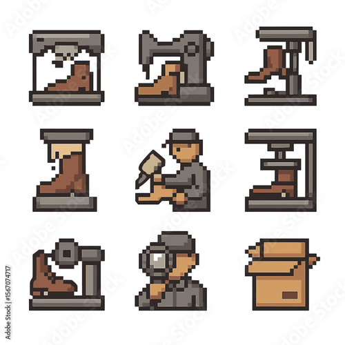 Boot Factory Icons. Pixel art icon set of boot factory processes: cutting, stitching, lasting, molding, gluing, outsole pressing,