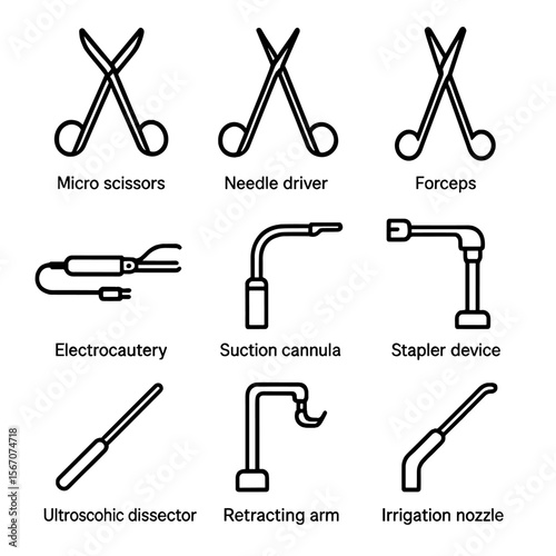 Surgical Instrument Icons. Outline icon set of surgical instruments for robot-assisted procedures: micro scissors, needle driver,