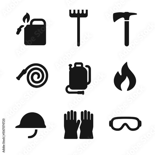 Controlled Burn Equipment Icons. Solid, filled icon set of controlled burn equipment: drip torch, fire rake, Pulaski tool, fire