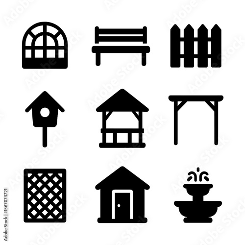 Garden Icon Set. Solid, filled icon set of garden structures: greenhouse, garden bench, fence, birdhouse, gazebo, pergola, trellis