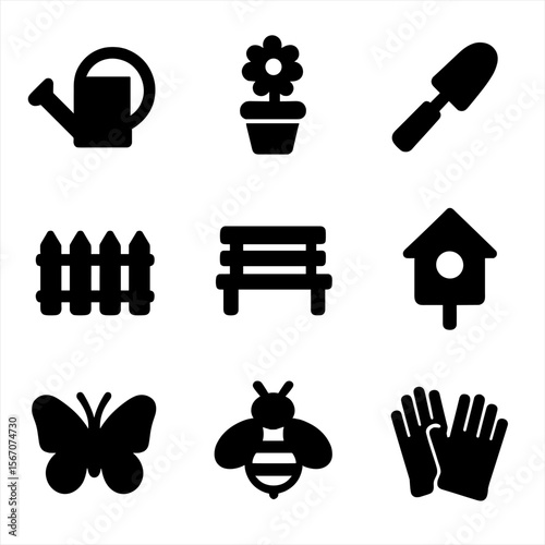 Garden Icon Collection. Solid, filled icon set of garden elements: watering can, flower pot, garden trowel, fence, garden bench,