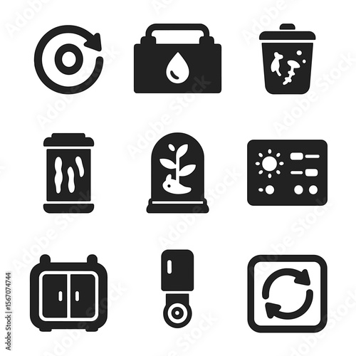 Closed-Loop Habitat Icons. Solid, filled icons set of closed-loop habitat systems: oxygen cycle icon, water