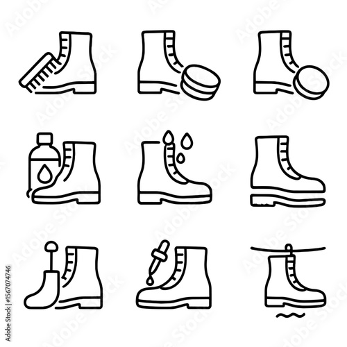 Boot Maintenance Icons. Outline icon set of boot maintenance actions: cleaning, polishing, buffing, conditioning, waterproofing,