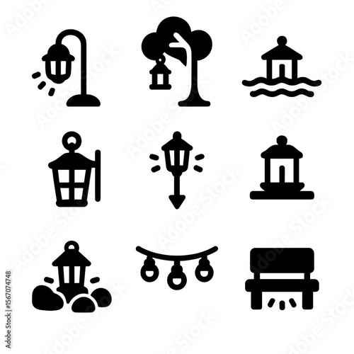 Garden Lantern Icons. Solid, filled icon set of garden lantern arrangements: pathway lantern, tree-hung lantern, floating pond