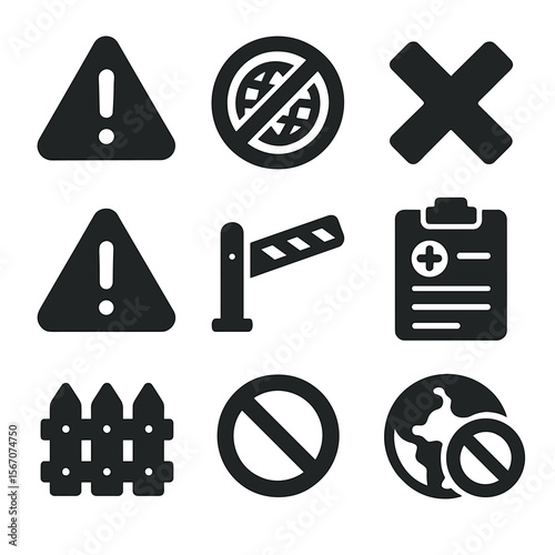 Travel Ban Icons. Solid, filled icons set of travel restrictions and bans: caution sign, denied entry stamp,