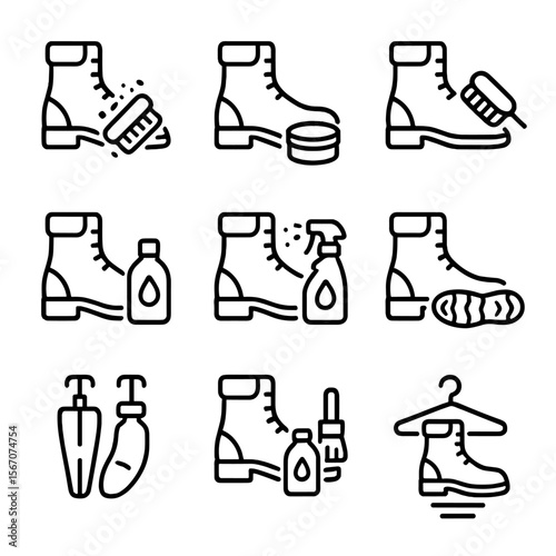 Boot Maintenance Icons. Outline icon set of boot maintenance actions: cleaning, polishing, buffing, conditioning, waterproofing,