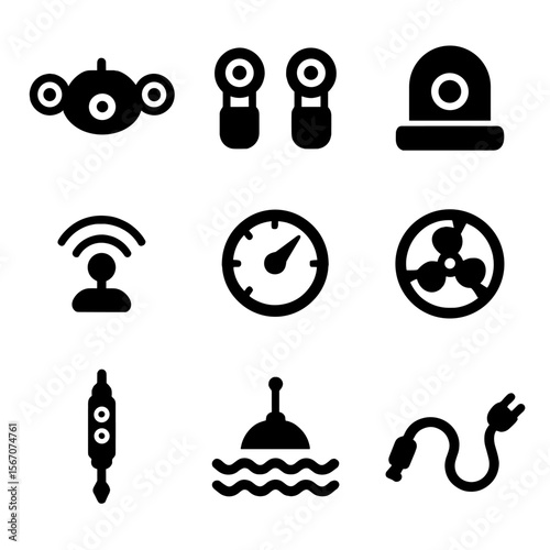Underwater Drone Icons. Solid, filled icons set of underwater drones: submersible drone, water thrusters,