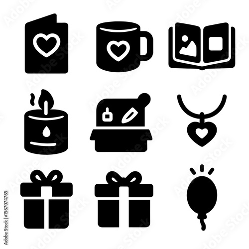 Creative Gift Icons. Solid, filled icon set of creative gift ideas: handmade card, personalized mug, photo album, scented candle,