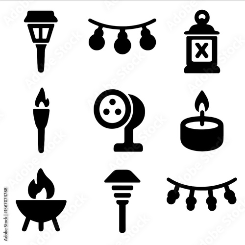 Garden Lighting Icons. Solid, filled icon set of garden lighting: solar lamp, string lights, lantern, torch, spotlight, candle,