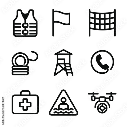Drowning Prevention Icons. Solid, filled icon set of drowning prevention: life jacket, warning flag, safety net, rescue rope,