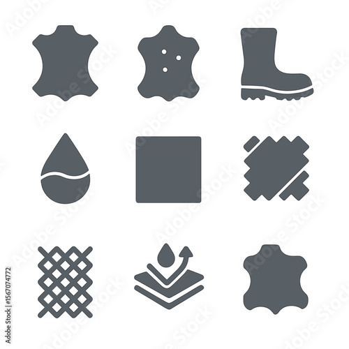 Boot Material Icons. Flat icon set of boot materials: leather, suede, rubber, neoprene, synthetic fabric, canvas, mesh, Gore-Tex,