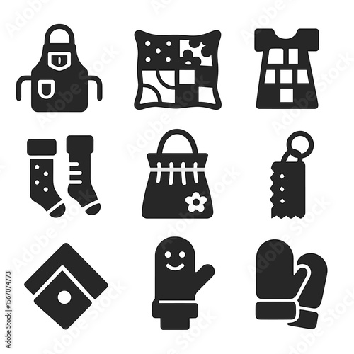 Upcycled Fabric Icons. Solid, filled icons set of fabric and textile upcycling: old jeans apron, patchwork