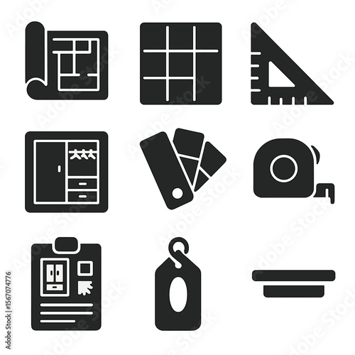 Closet Design Icons. Solid, filled icons set of closet design planning tools: blueprint icon, layout grid,