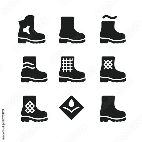 Boot Material Icons. Flat icon set of boot materials: leather, suede, rubber, neoprene, synthetic fabric, canvas, mesh, Gore-Tex,