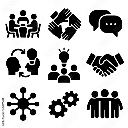 Creative Collaboration Icons. Solid, filled icon set of creative collaboration: shared workspace, overlapping hands, chat bubbles,
