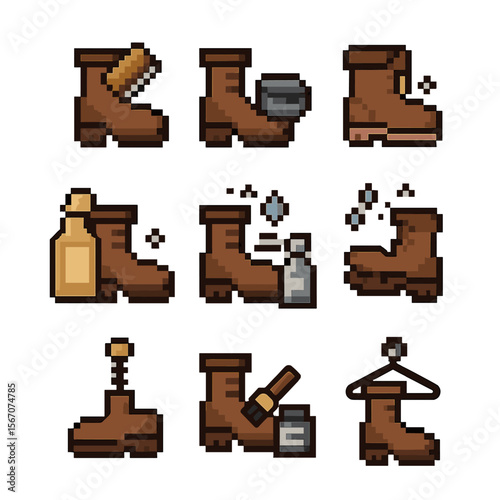 Boot Maintenance Icons. Pixel art icon set of boot maintenance actions: cleaning, polishing, buffing, conditioning, waterproofing,