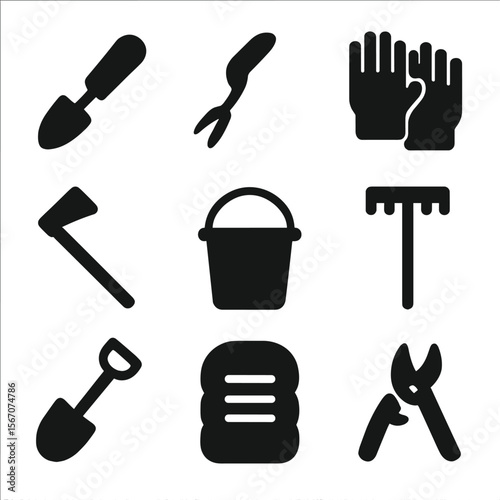 Garden Tools Icons. Solid, filled icon set of garden weed removal tools: hand trowel, weeder tool, gloves, hoe, bucket, rake,