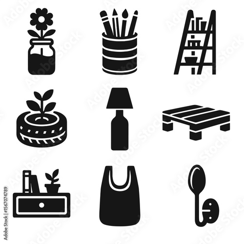 Upcycled Household Icons. Solid, filled icons set of upcycling household items into new uses: mason jar vase,