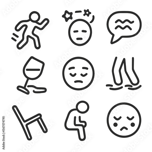 Drunken Behavior Icons. Solid, filled icon set of drunken behavior: stumbling person, dizzy stars, spilled drink, slurred speech