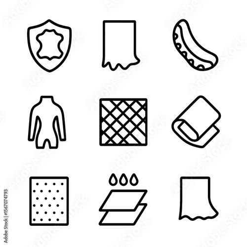 Boot Material Icons. Outline icon set of boot materials: leather, suede, rubber, neoprene, synthetic fabric, canvas, mesh,