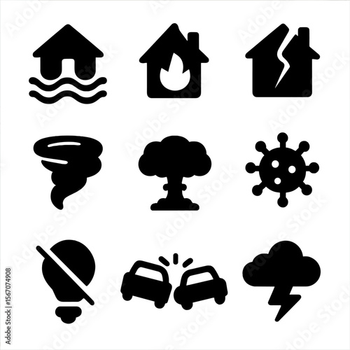 Crisis Icon Set. Solid, filled icon set of Crisis scenarios: flood, fire, earthquake, tornado, explosion, virus, blackout, traffic