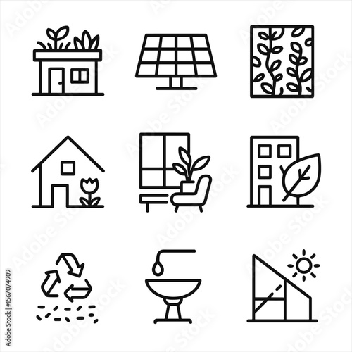 Sustainable Architecture Icons. Outline icon set of sustainable architectural art: green roof garden, solar panel pattern, living