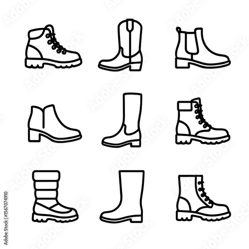 Boot Icon Set. Outline icon set of boot types: hiking boot, cowboy boot, Chelsea boot, ankle boot, riding boot, combat boot, snow