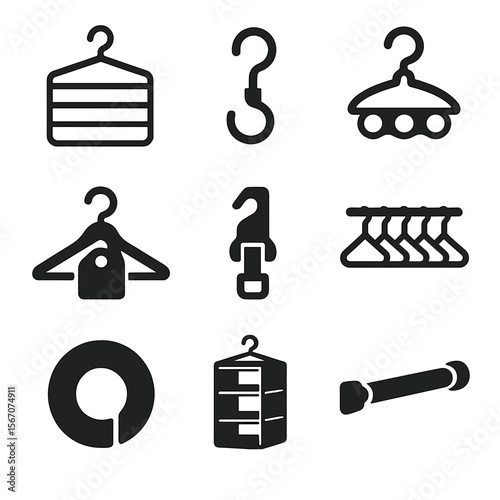 Closet Organization Icons. Solid, filled icons set of closet organization essentials: tiered hanger, swivel