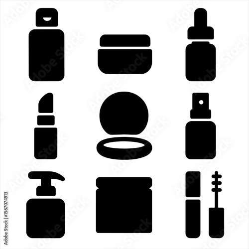 Cosmetic Packaging Icons. Solid, filled icon set of cosmetic packaging: lotion bottle, cream jar, dropper bottle, lipstick tube,