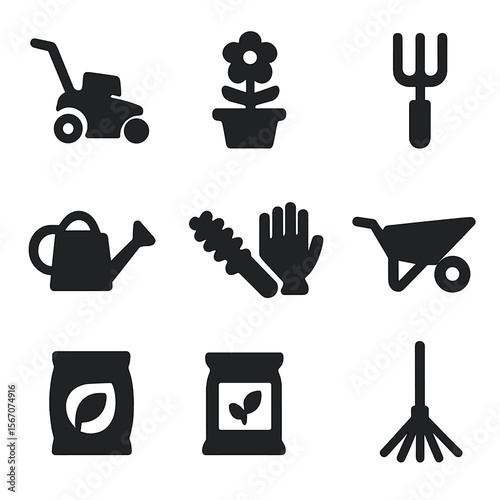 Gardening Icons Grid. Solid, filled icon set of gardening and landscaping: lawn mower, flower pot, garden fork, watering can,