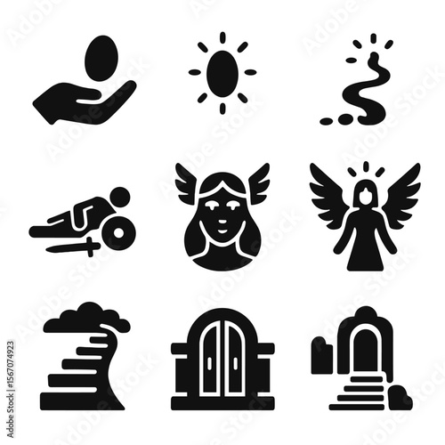 Valkyrie Icon Set. Solid, filled icons set of valkyries guiding souls: hand reach icon, soul light, transition
